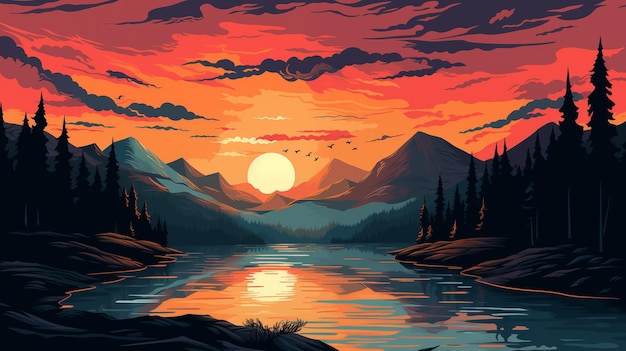 there is a painting of a sunset over a mountain lake generative ai