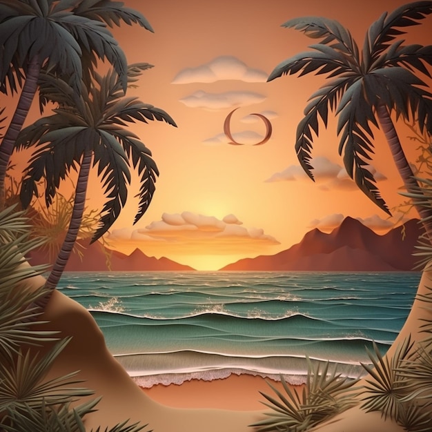 there is a painting of a sunset over the ocean with palm trees generative ai