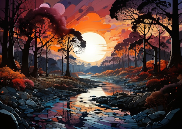 There is a painting of a sunset over a river with trees generative ai