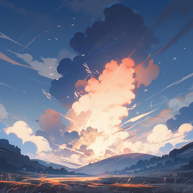 There is a painting of a sunset with clouds and a person on a horse generative ai