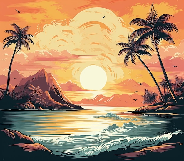 There is a painting of a sunset with palm trees and a beach generative ai