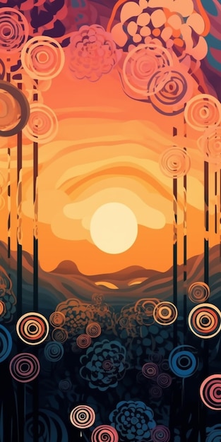 There is a painting of a sunset with swirly trees generative ai