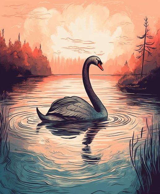 there is a painting of a swan swimming in a lake generative ai