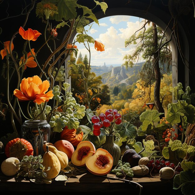 Foto c'è un dipinto di un tavolo con frutta e fiori ai generativi