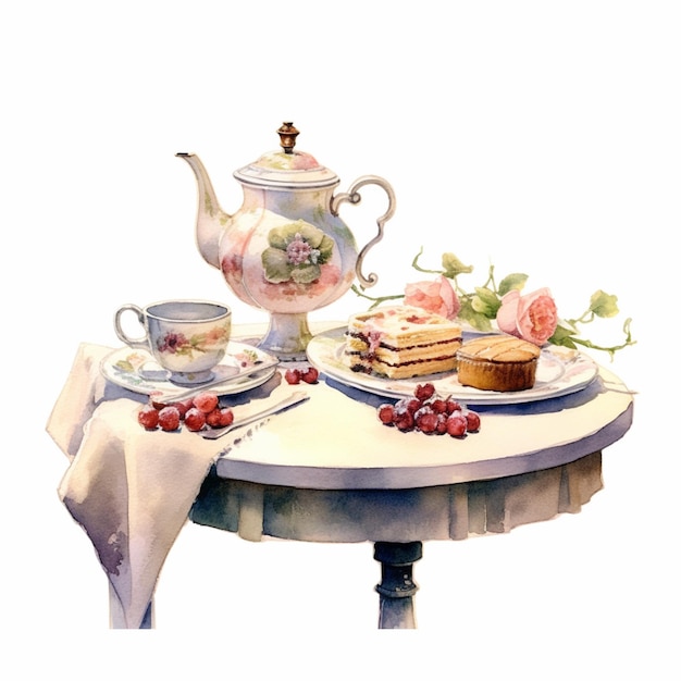 Там есть картина стола с чайником и тарелкой с едой.