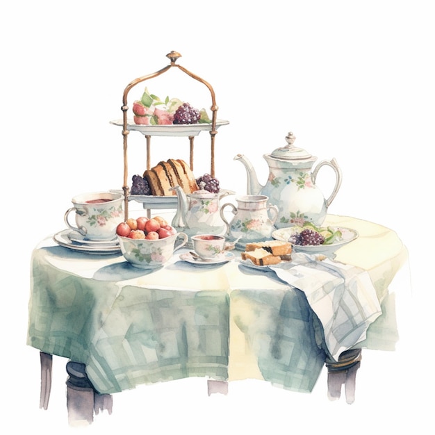 茶鍋と食べ物の皿を描いたテーブルの絵があります