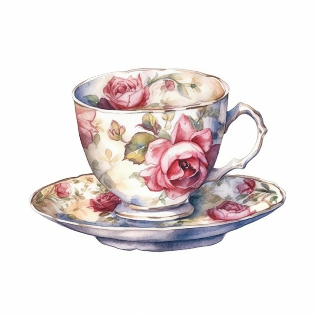 Photo there is a painting of a tea cup and saucer generative ai