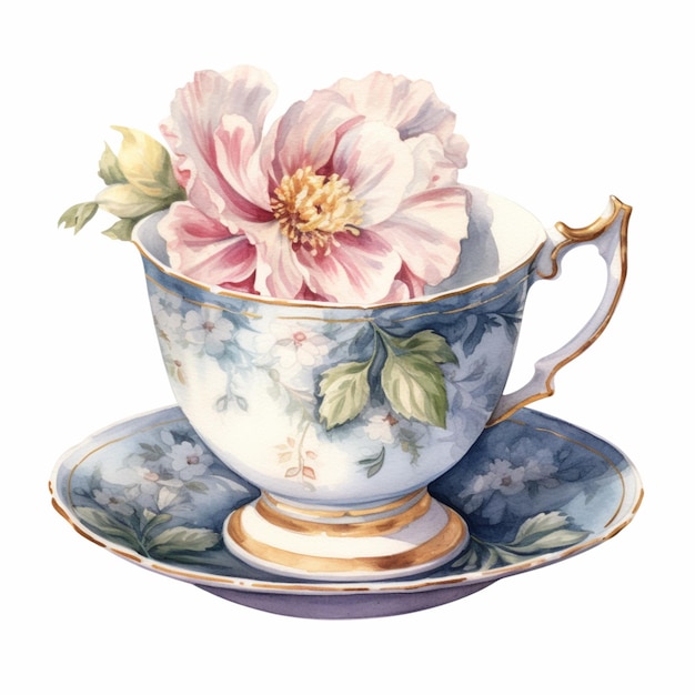 There is a painting of a tea cup with a flower on it generative ai