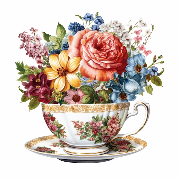 Там есть картина чайной чашки с цветами в ней.