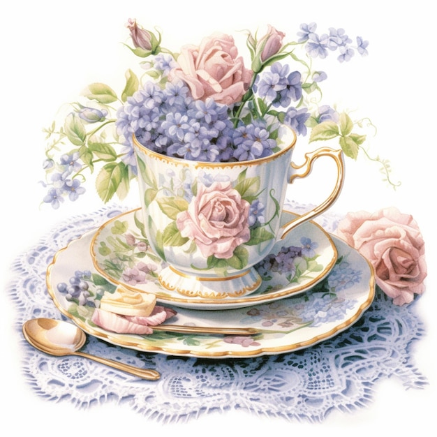 There is a painting of a tea cup with flowers in it generative ai