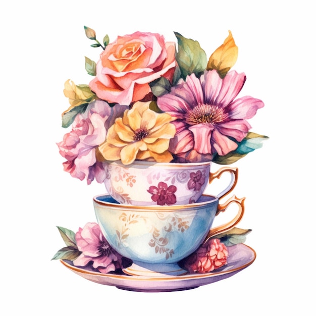 There is a painting of a tea cup with flowers in it generative ai