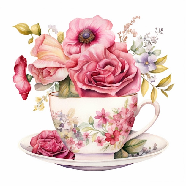 There is a painting of a tea cup with flowers in it generative ai