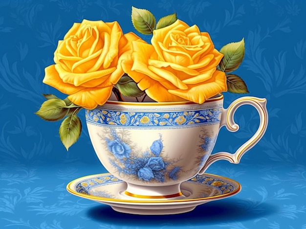 There is a painting of a tea cup with yellow roses in it generative ai