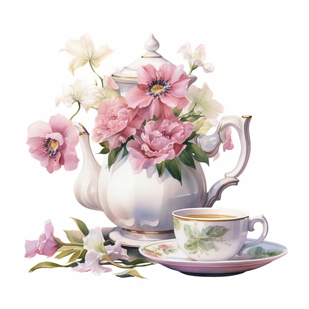 there is a painting of a tea pot and cup with flowers generative ai