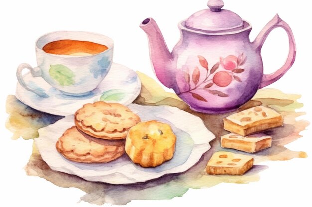 Photo there is a painting of a tea pot and some cookies on a plate generative ai