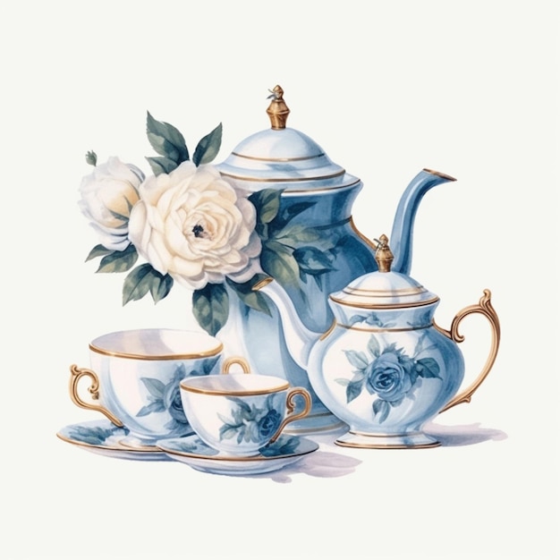 There is a painting of a tea pot and two cups generative ai