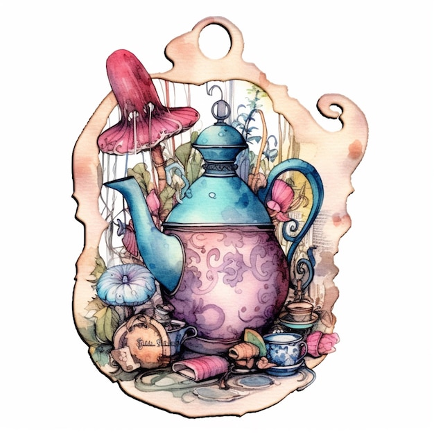 There is a painting of a teapot and other items on a table generative ai