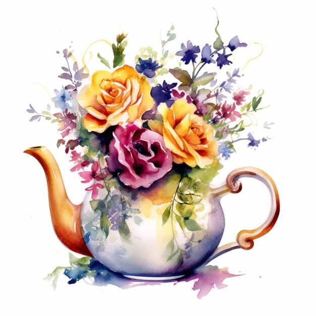 there is a painting of a teapot with flowers in it generative ai