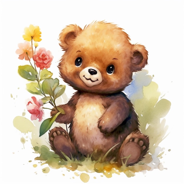 Есть картина плюшевого медведя, держащего цветок.