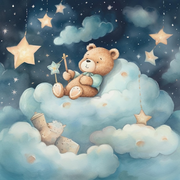 there is a painting of a teddy bear sitting on a cloud generative ai