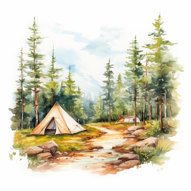 there is a painting of a tent in the woods by the water generative ai