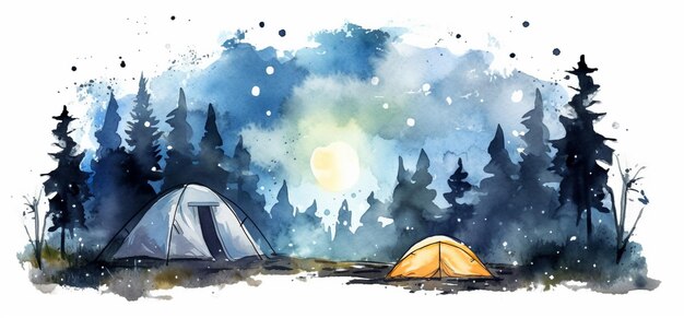 There is a painting of a tent in the woods with a full moon generative ai