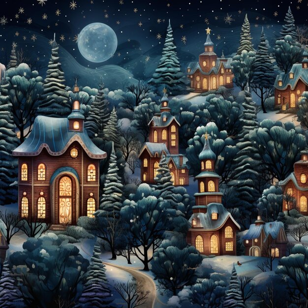 there is a painting of a town in the night with a full moon generative ai