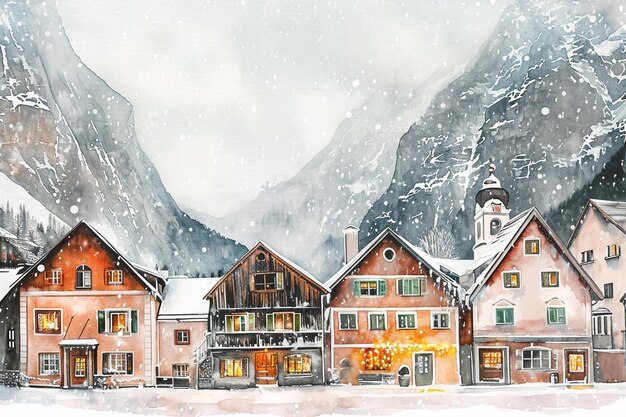 there is a painting of a town in the snow with mountains in the background generative ai