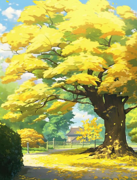 There is a painting of a tree in a park with yellow leaves generative ai