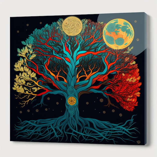 there is a painting of a tree with a full moon in the background generative ai