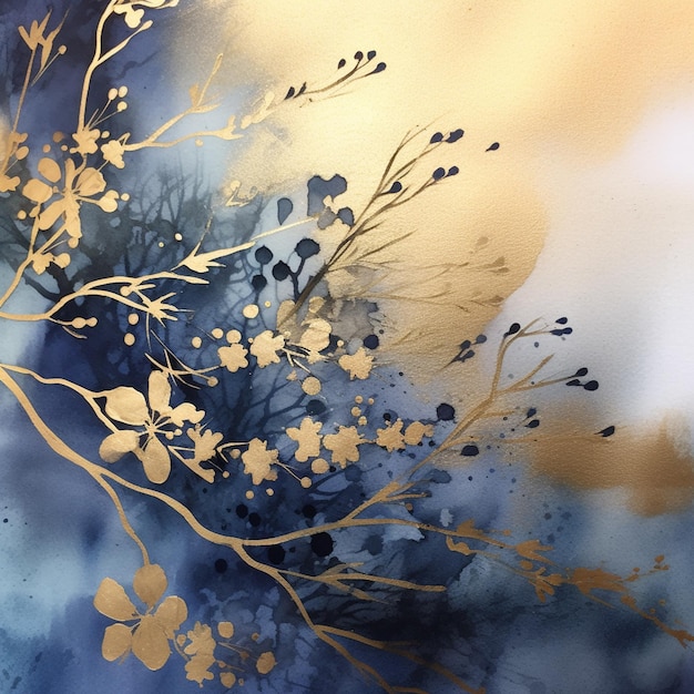 There is a painting of a tree with gold leaves and flowers generative ai