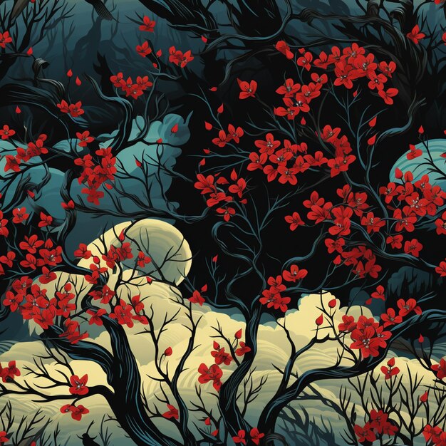 Photo there is a painting of a tree with red flowers in the night generative ai