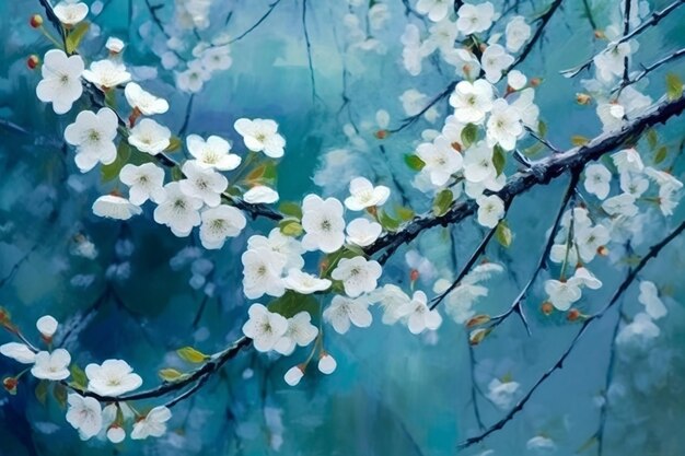 There is a painting of a tree with white flowers on it generative ai