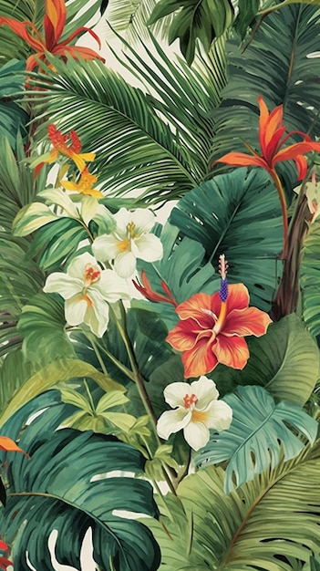 There is a painting of a tropical plant with flowers and leaves generative ai