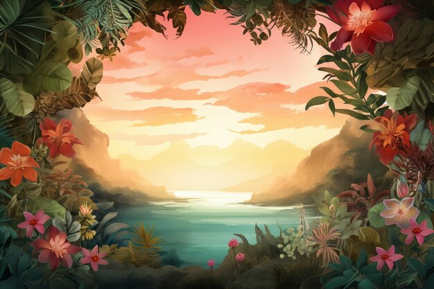 there is a painting of a tropical scene with flowers and plants generative ai