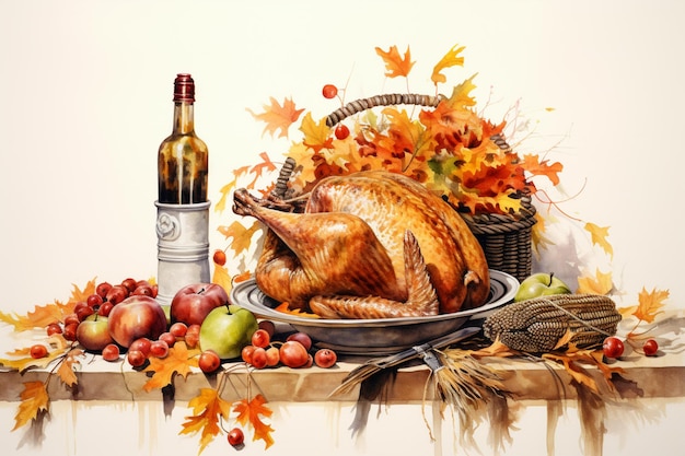 there is a painting of a turkey and a bottle of wine on a table generative ai