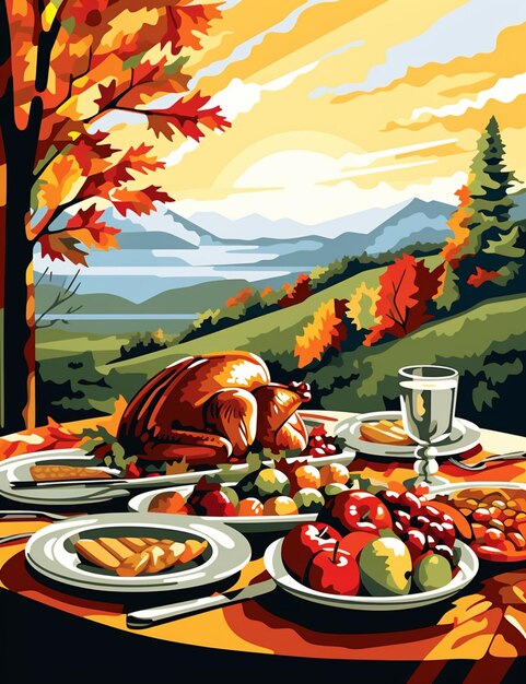 There is a painting of a turkey on a table with a plate of fruit generative ai