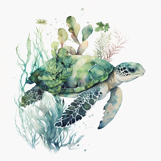 There is a painting of a turtle swimming in the ocean generative ai