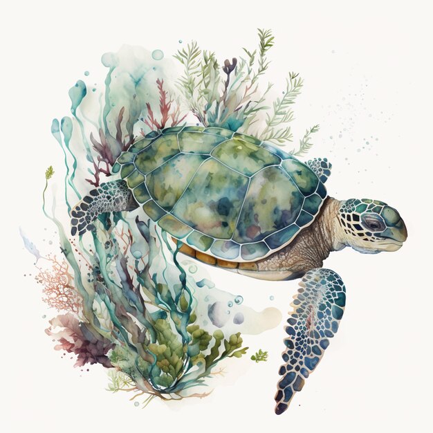 There is a painting of a turtle swimming in the ocean generative ai