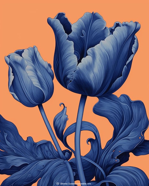 Photo there is a painting of two blue flowers on a orange background generative ai