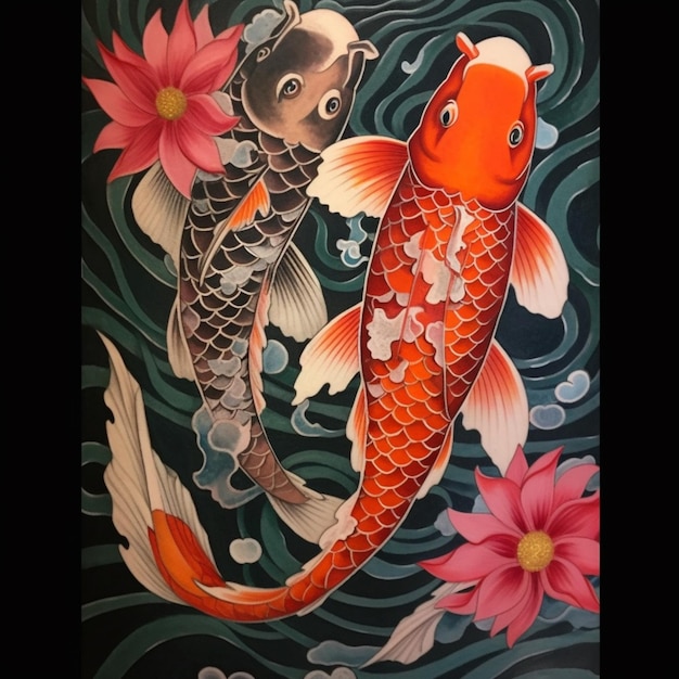 There is a painting of two fish and a flower on the water generative ai