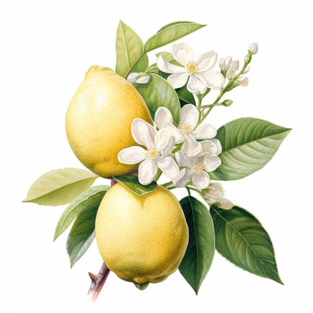 Foto c'è un dipinto di due limoni su un ramo con fiori generativi ai