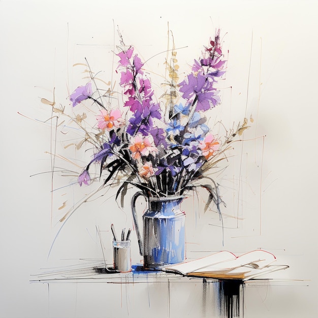 There is a painting of a vase of flowers on a table generative ai