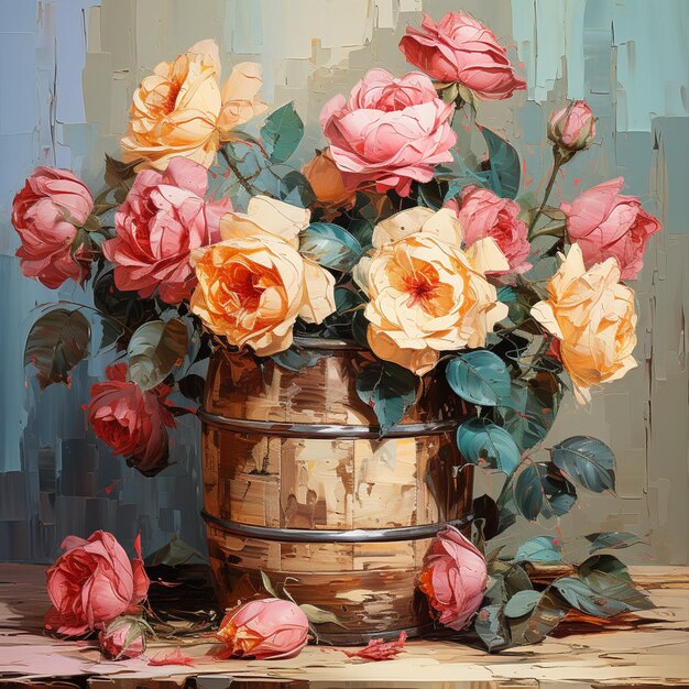 there is a painting of a vase of roses on a table generative ai