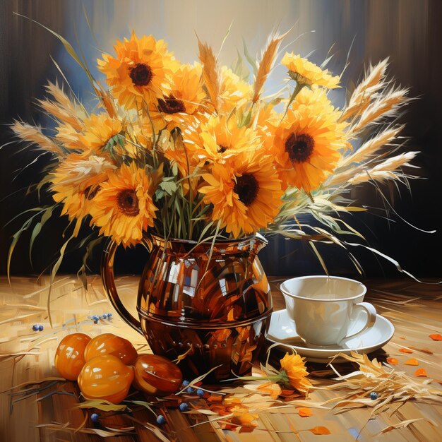 There is a painting of a vase of sunflowers and a cup of coffee generative ai