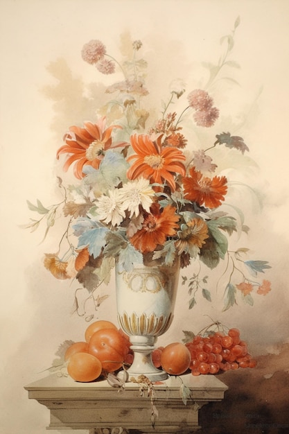 there is a painting of a vase with flowers and fruit on a table generative ai