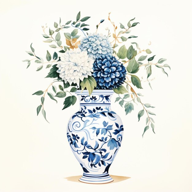 Photo there is a painting of a vase with flowers in it generative ai