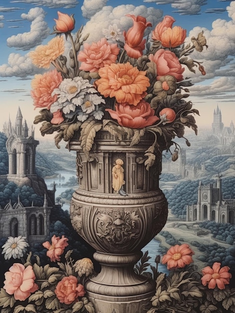 there is a painting of a vase with flowers in it generative ai