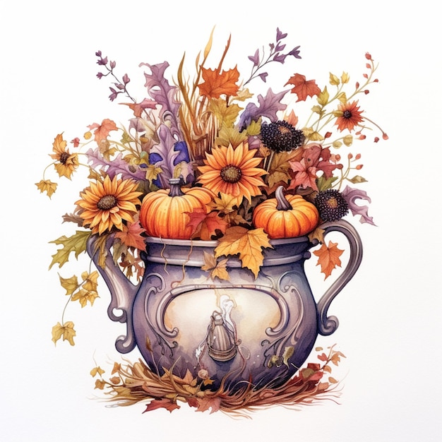 There is a painting of a vase with flowers and pumpkins generative ai