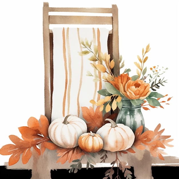 there is a painting of a vase with flowers and pumpkins on a table generative ai